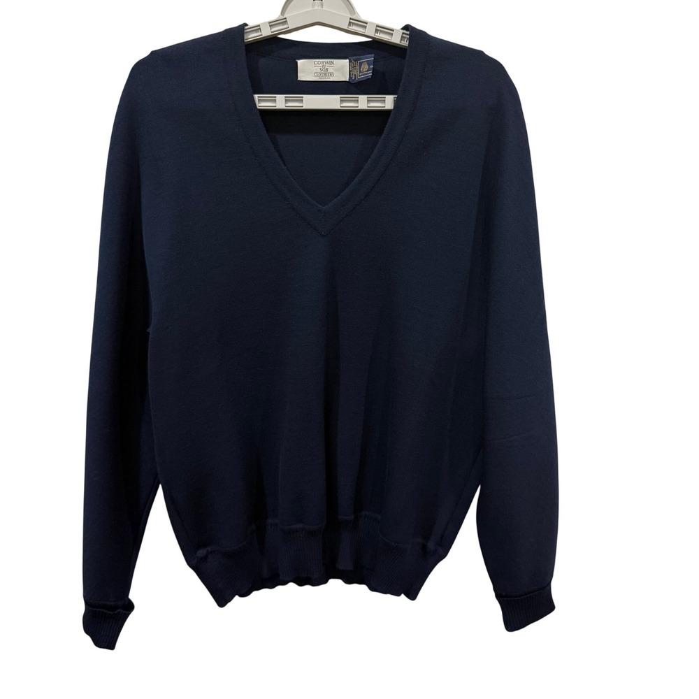Corwin & Son Clothiers Mens Navy Blue 100% Pure Wool V-Neck Sweater Knit‎ Top